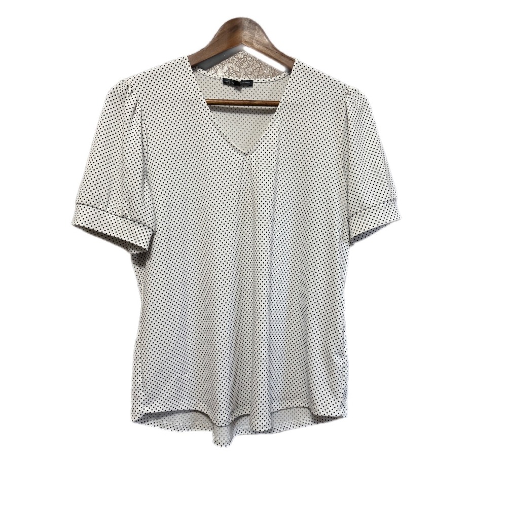 Adrianna Papell Polka Dot Blouse Womens Medium White Black‎ Excellent V-Neck Top